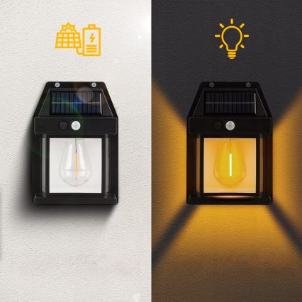 LED solárne nástenné svietidlo so senzorom LED/3,7V 600 mAh IP44 čierne