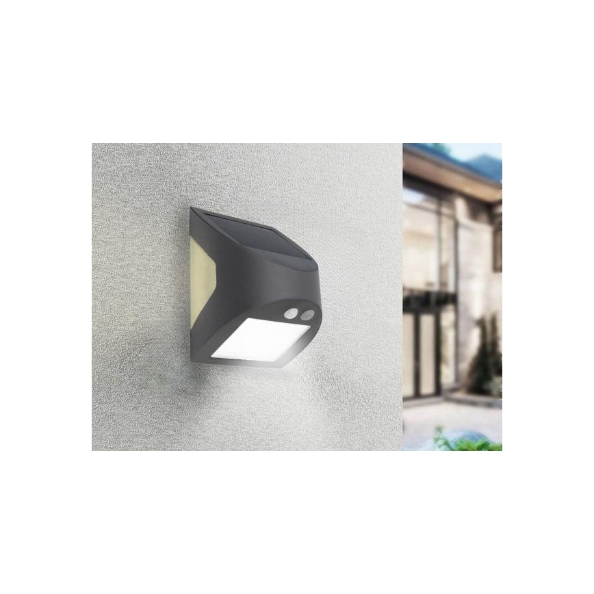 LED solárne nástenné svietidlo so senzorom LED/3W/3,7V 3000/4000K 1200 mAh IP54 antracit