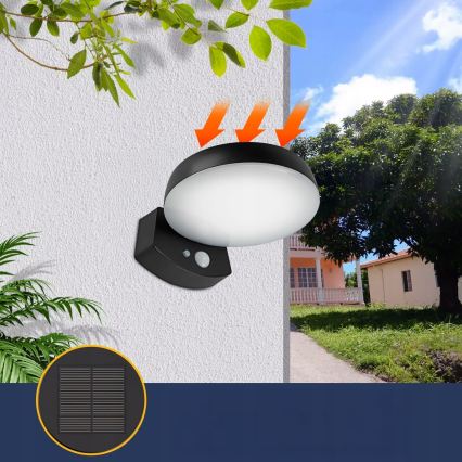 LED stmievateľné solárne nástenné svietidlo s čidlom LED/3W/3,7V 1800 mAh IP54 čierna