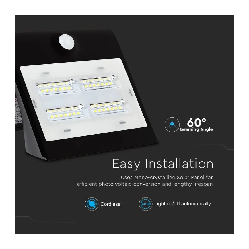 LED Solárne nástenné svietidlo so senzorom LED/3W/3,7V 3000/4000K IP65 čierna