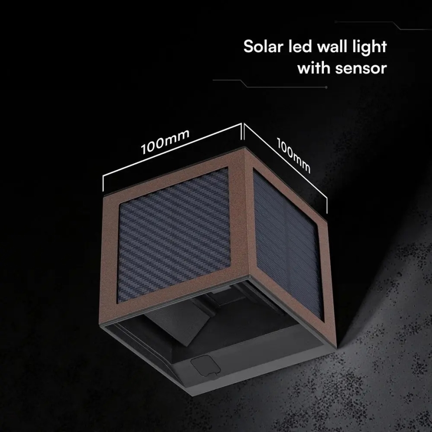 LED solárne nástenné svietidlo s čidlom LED/9W/3,7V 3000/4000/6000K IP65 2600 mAh hnedé