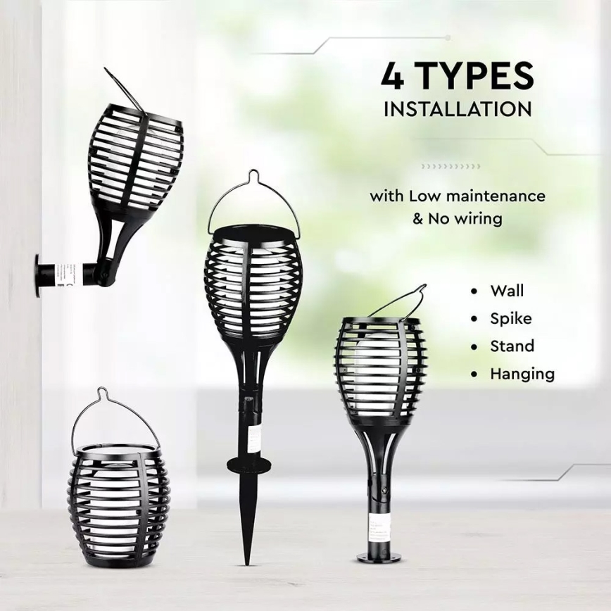 Štyri solárne lampy, rôzne spôsoby montáže: nástenná, na zemný kolík, stojanková a zavesenie. Nízka údržba, bez zapojenia.