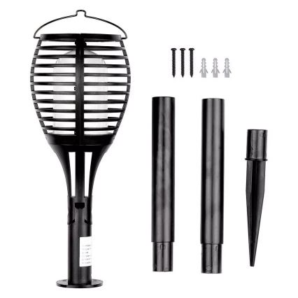 Solárna pochodeň s klietkou a LED svetlom, rozložená na diely vrátane stojana a upevňovacích prvkov.