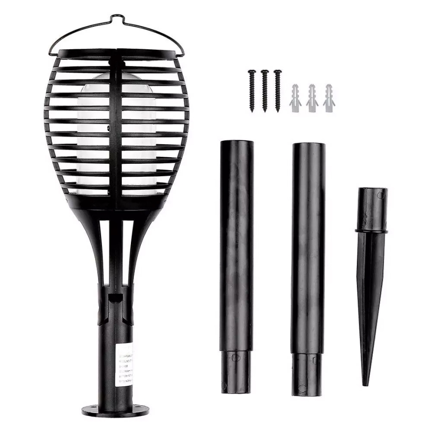 Solárna pochodeň s klietkou a LED svetlom, rozložená na diely vrátane stojana a upevňovacích prvkov.