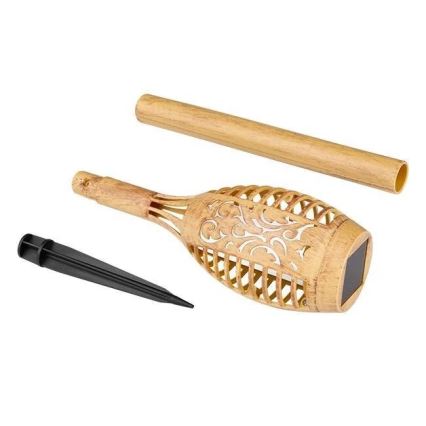 Solárna lampa v tvare fakle je rozložená na tri časti: samotná lampa s vyrezávaným vzorom, dlhý stĺpik a zemný kolík. Lampa je svetlohnedá.