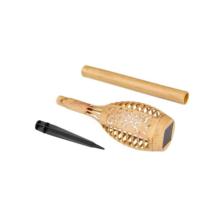 Solárna lampa v tvare fakle je rozložená na tri časti: samotná lampa s vyrezávaným vzorom, dlhý stĺpik a zemný kolík. Lampa je svetlohnedá.