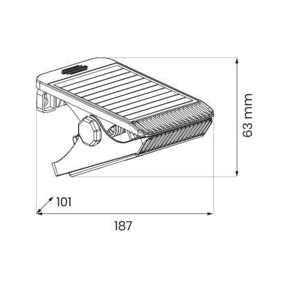 Technický výkres zobrazuje pedál s rozmermi 187 mm x 101 mm x 63 mm. Pedál je pripevnený k ploche pomocou svorky. Má protisklzovú plochu s drážkami.