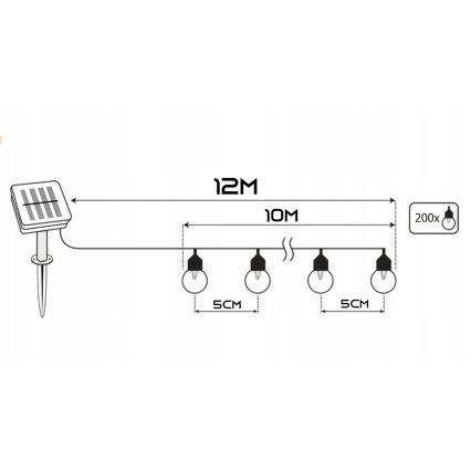 LED solárny dekoračný reťazec 200×LED/1,2 V 800 mAh 12 m IP44 čierna