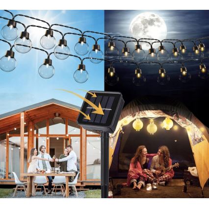 LED solárny dekoračný reťazec 20× LED / 8 funkcií 500 mAh 7,6 m IP67 teplá biela
