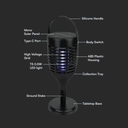 LED Solárny lapač hmyzu 3v1 LED/1,3W/3,7V IP24 20 m² 2200 mAh