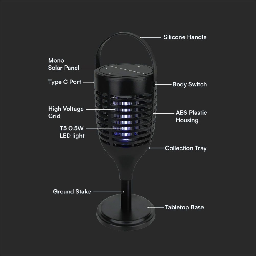 LED Solárny lapač hmyzu 3v1 LED/1,3W/3,7V IP24 20 m² 2200 mAh