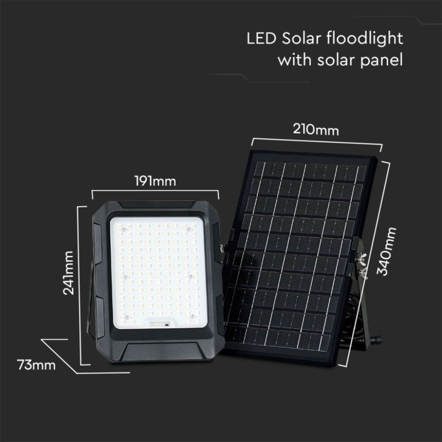 LED solárny reflektor s panelom. Reflektor s rozmermi 191x241x73 mm a solárny panel 210x340 mm. Sú zobrazené vedľa seba s rozmerovými údajmi.