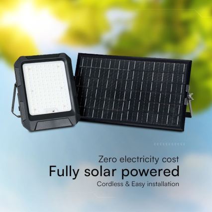 Solárny reflektor s mnohými LED diódami je umiestnený vedľa solárneho panelu. Reflektor je čierny, panel tmavomodrý. Text pod obrázkom znie: „Zero electricity cost. Fully solar powered. Cordless & Easy installation.“