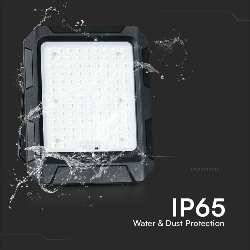 LED reflektor je zobrazený na tmavom pozadí, striekajúca voda okolo neho naznačuje vodotesnosť. IP65, Water & Dust Protection.