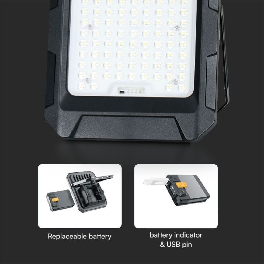 LED pracovné svetlo svieti. Má robustnú čiernu konštrukciu a výmennú batériu s indikátorom nabitia a USB portom.