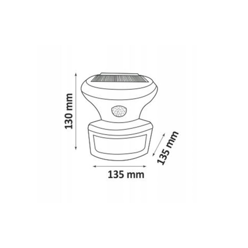 Solárny senzor s rozmermi 135 mm x 135 mm x 130 mm je znázornený v čelnom pohľade s detailom solárneho panelu a snímača pohybu.