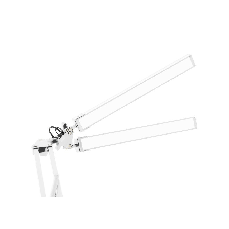 Dve dlhé, rovné, biele svetelné plochy sú spojené kĺbom s kovovým ramenom. Rameno je čiastočne viditeľné. Svetelné plochy sú natočené pod uhlom. Biely podklad.