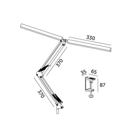 Dvojramenná stolová lampa s dvoma 370 mm dlhými ramenami a 330 mm dlhým svetlom sa prichytáva k stolu svorkou (35x65x87 mm).