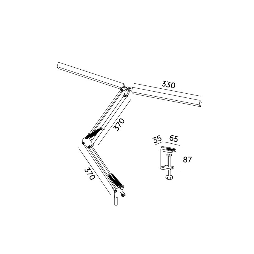 Dvojramenná stolová lampa s dvoma 370 mm dlhými ramenami a 330 mm dlhým svetlom sa prichytáva k stolu svorkou (35x65x87 mm).