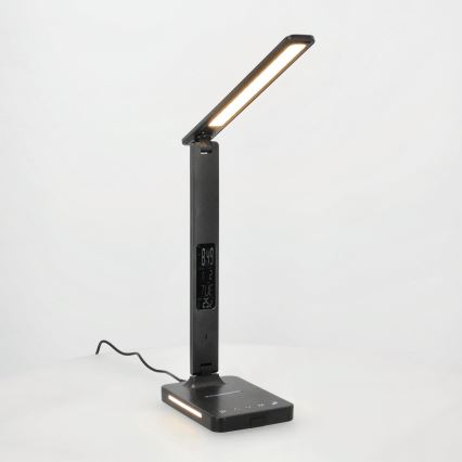 LED Stmievateľná stolná lampa s bezdrôtovým nabíjaním QI, displejom a USB portom LED/7W/230V 3000-6000K čierna