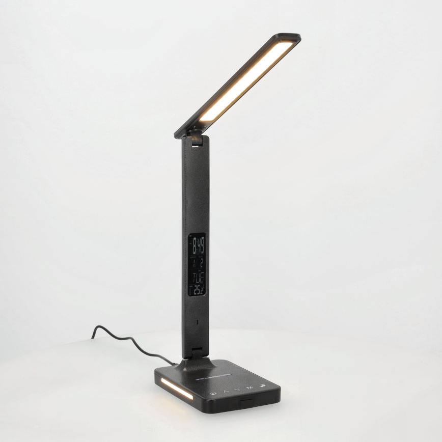 LED Stmievateľná stolná lampa s bezdrôtovým nabíjaním QI, displejom a USB portom LED/7W/230V 3000-6000K čierna