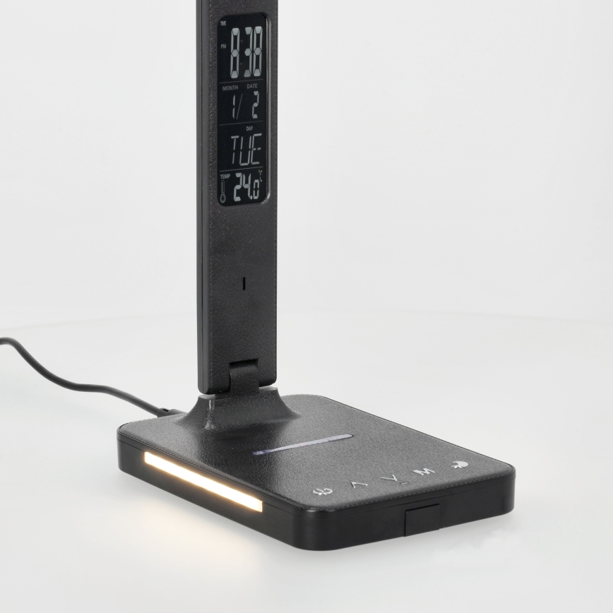 LED Stmievateľná stolná lampa s bezdrôtovým nabíjaním QI, displejom a USB portom LED/7W/230V 3000-6000K čierna
