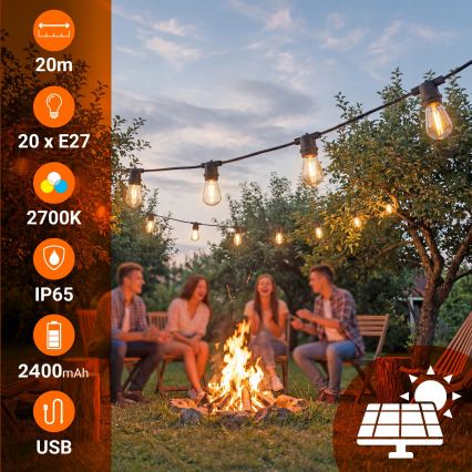 LED Stmievateľná solárna dekoratívna reťaz 20xE27/0,3W/3/5V USB 2400 mAh 20,62 m IP65 čierna + diaľkové ovládanie