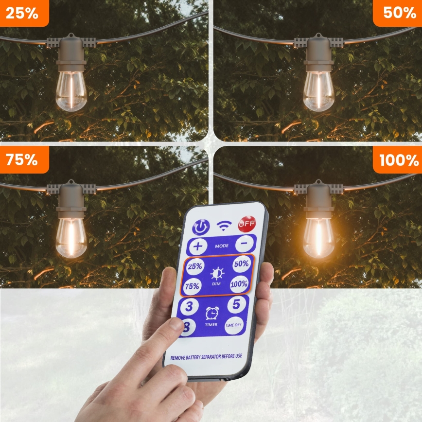 LED Stmievateľná solárna dekoratívna reťaz 20xE27/0,3W/3/5V USB 2400 mAh 20,62 m IP65 čierna + diaľkové ovládanie