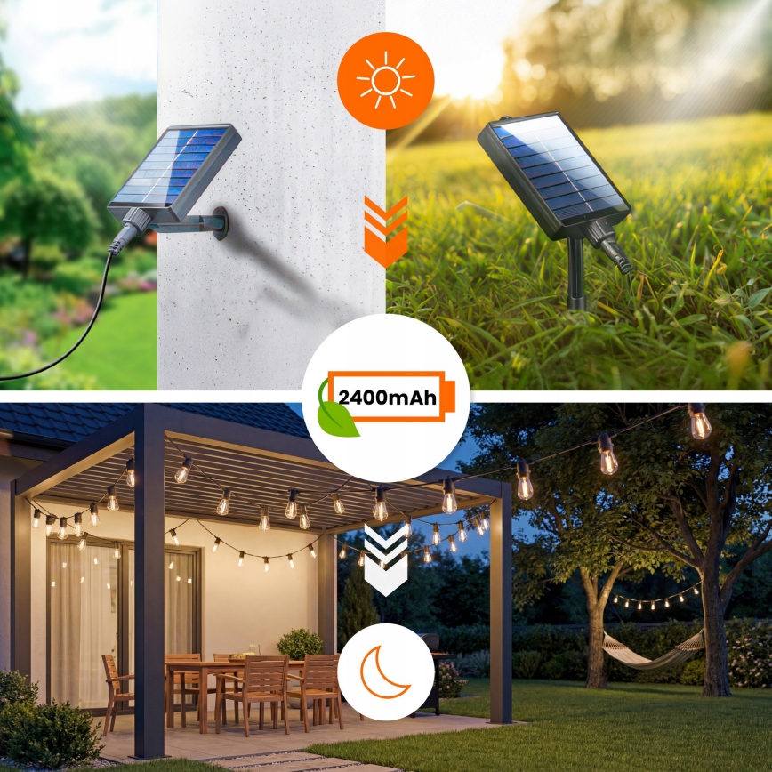 LED Stmievateľná solárna dekoratívna reťaz 20xE27/0,3W/3/5V USB 2400 mAh 20,62 m IP65 čierna + diaľkové ovládanie