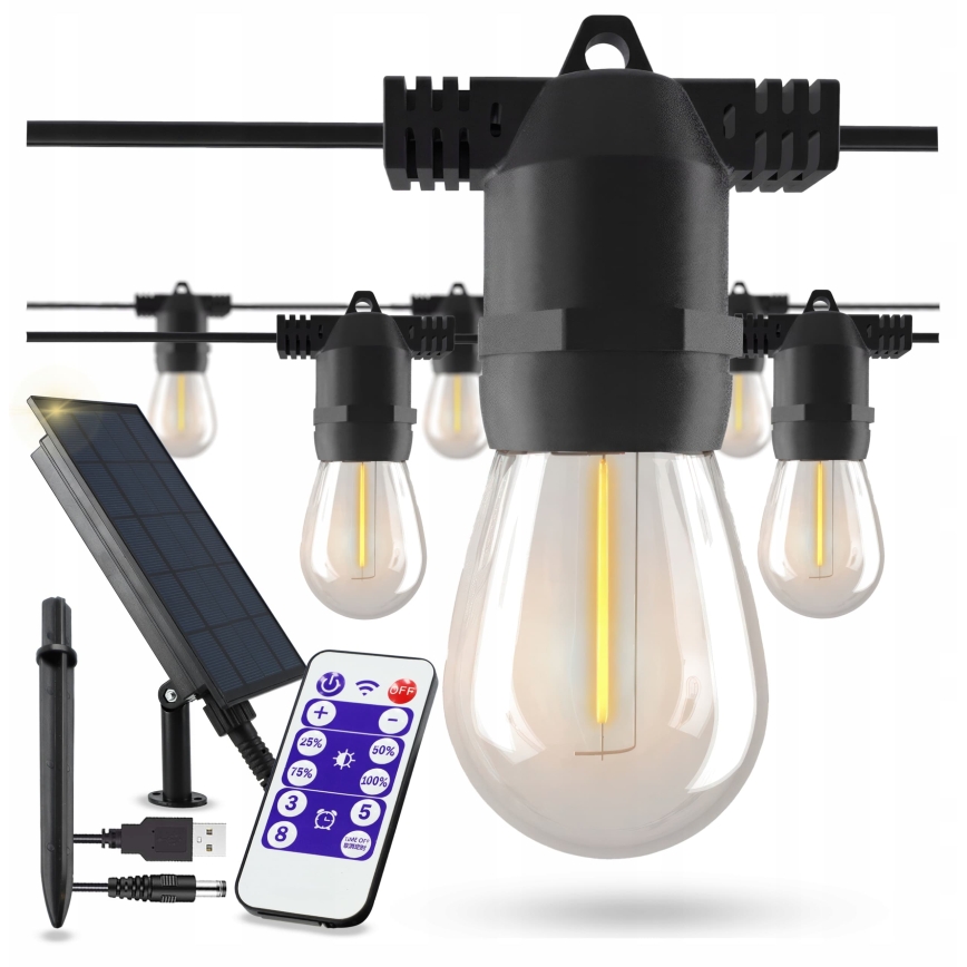LED Stmievateľná solárna dekoratívna reťaz 20xE27/0,3W/3/5V USB 2400 mAh 20,62 m IP65 čierna + diaľkové ovládanie