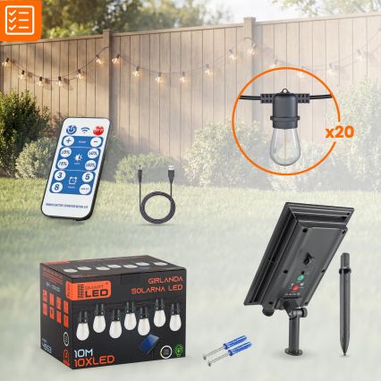 LED Stmievateľná solárna dekoratívna reťaz 20xE27/0,3W/3/5V USB 2400 mAh 20,62 m IP65 čierna + diaľkové ovládanie