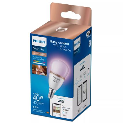 LED RGB stmievateľná žiarovka Philips SMART P45 E14/4,9W/230V 2200-6500K CRI 90