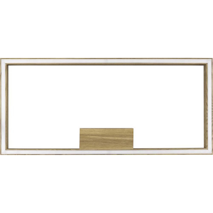 Drevené LED svetlo s obdĺžnikovým rámom svieti. V strede je menší drevený prvok. Súčasťou je diaľkové ovládanie s označením „RF Wireless“.