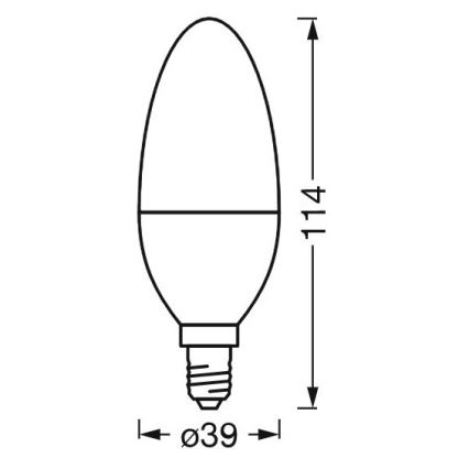 LED žiarovka tvaru vajíčka s rozmermi 114 mm na výšku a 39 mm na šírku v spodnej časti. Je znázornená s malým skrutkovým závitom.