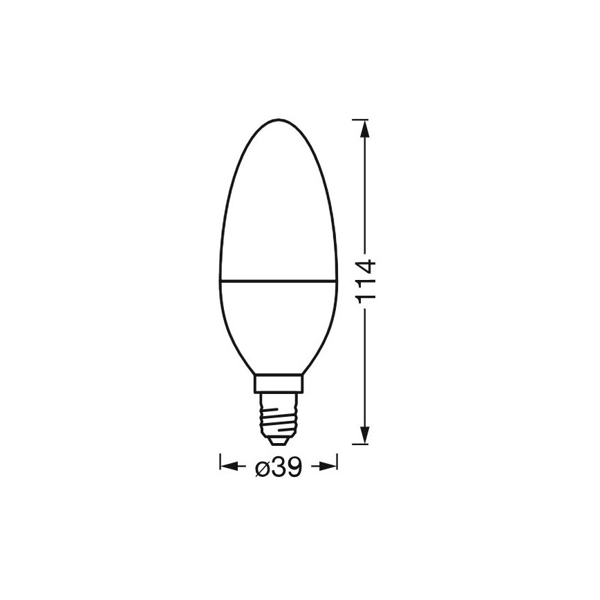 LED žiarovka tvaru vajíčka s rozmermi 114 mm na výšku a 39 mm na šírku v spodnej časti. Je znázornená s malým skrutkovým závitom.
