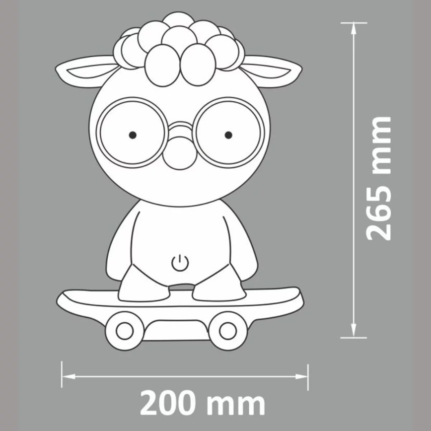 Ovca v okuliaroch sedí na skateboardu. Výška 265 mm, šírka skateboardu 200 mm.
