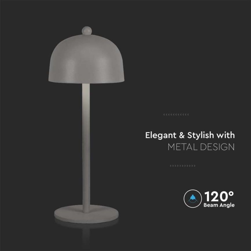 Stolová lampa s kupolovitým tienidlom stojí na tmavom podklade. Lampa je svetlosivá s vysokou, tenkou kovovou nohou. Text na obrázku: „Elegant & Stylish with METAL DESIGN“ a „120° Beam Angle“.