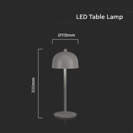 Stolová LED lampa s kupolovitým tienidlom stojí na tmavom pozadí. Lampa je sivá, vysoká 300 mm, s priemerom tienidla 115 mm. Text: LED Table Lamp.