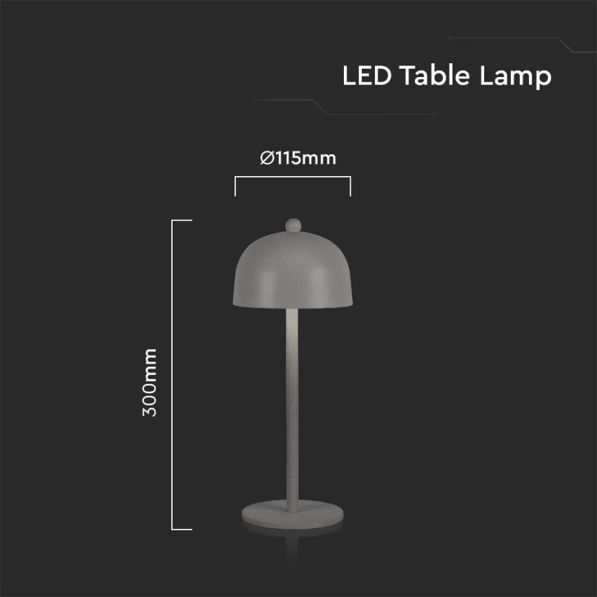 Stolová LED lampa s kupolovitým tienidlom stojí na tmavom pozadí. Lampa je sivá, vysoká 300 mm, s priemerom tienidla 115 mm. Text: LED Table Lamp.