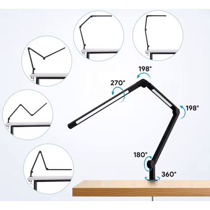 LED stmievateľná dotyková flexibilná stolná lampa s klipom LED/12W/230V 3000/4000/6000K čierna