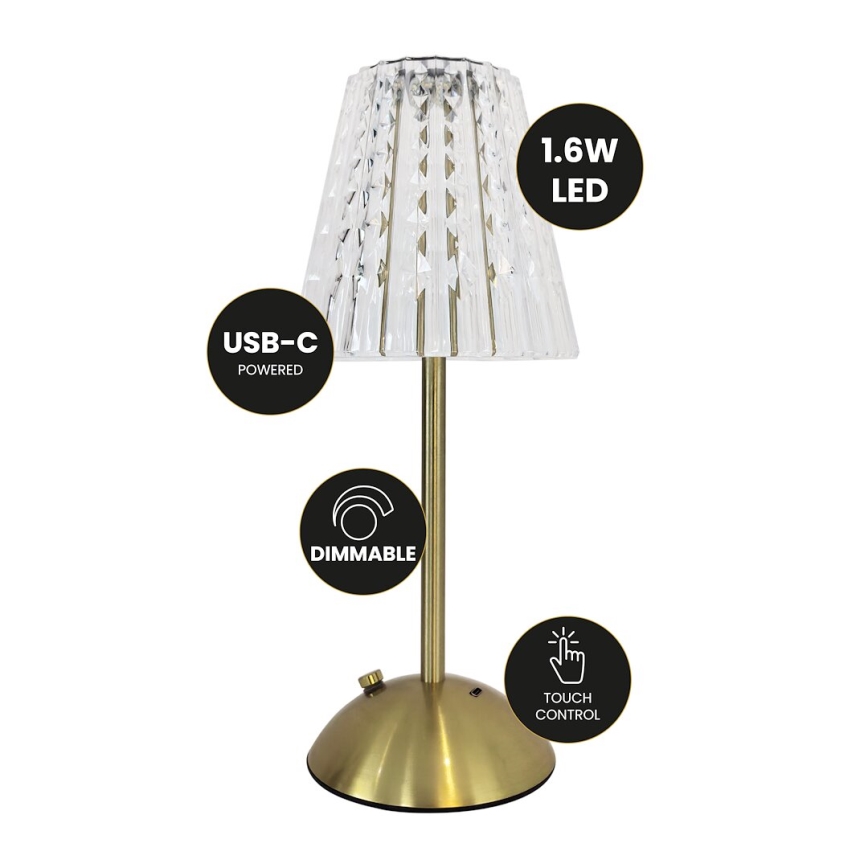 LED Stmievateľná dotyková nabíjacia stolná lampa ELBA LED/1,6W/800 mAh 3000/4000/6000K zlatá/číra
