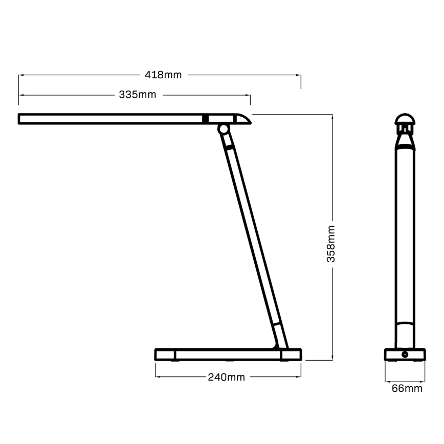 Stolová lampa je znázornená v čelnom a bočnom pohľade s rozmermi: 418mm x 335mm x 240mm a 358mm x 66mm. Lampa má sklápací mechanizmus.