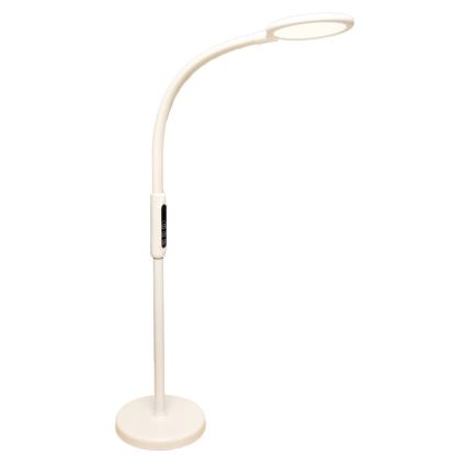 Stojacia lampa s ohybným ramenom a kruhovou hlavou svieti. Na stĺpiku lampy je umiestnené ovládanie. Lampa je svetlo béžovej farby.