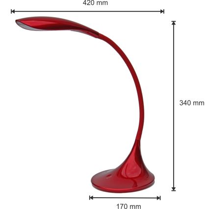 Červená stolná lampa s ohnutým ramenom svieti. Rozmery: 420 mm x 340 mm x 170 mm.