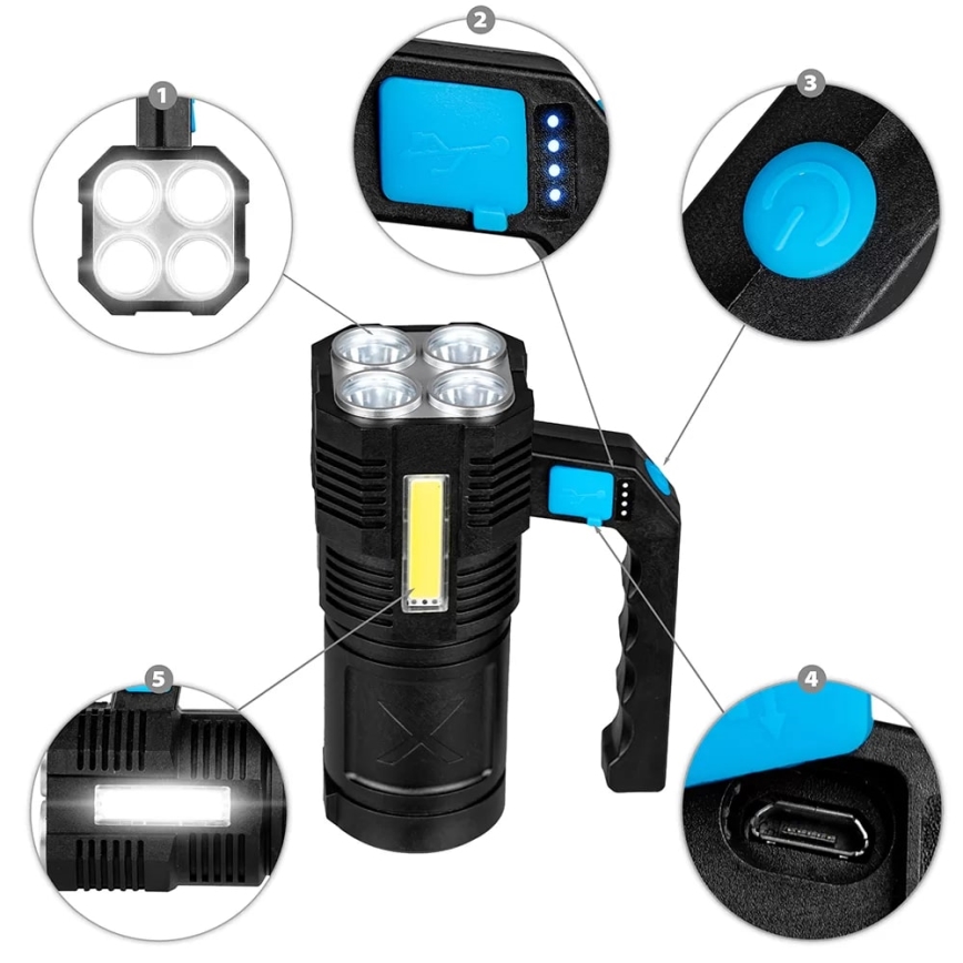 LED Stmievateľná nabíjacia baterka LED/5V IPX4 250 lm 1200 mAh