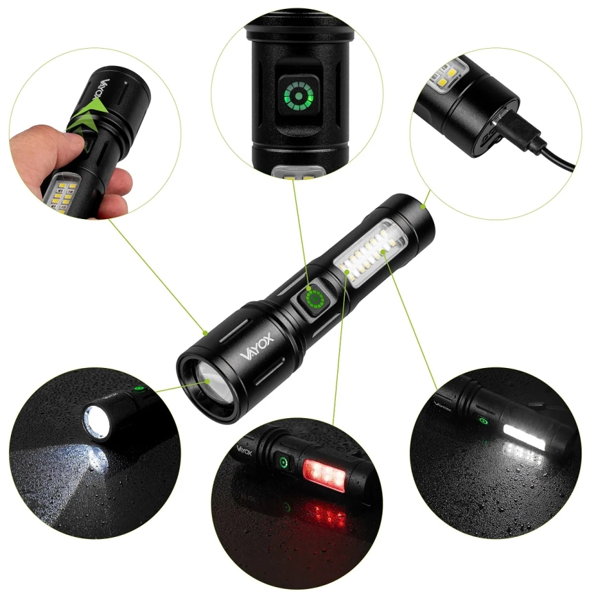 LED Stmievateľná nabíjacia baterka s červeným svetlom LED/5W/5V IPX4 260 lm 2000 mAh