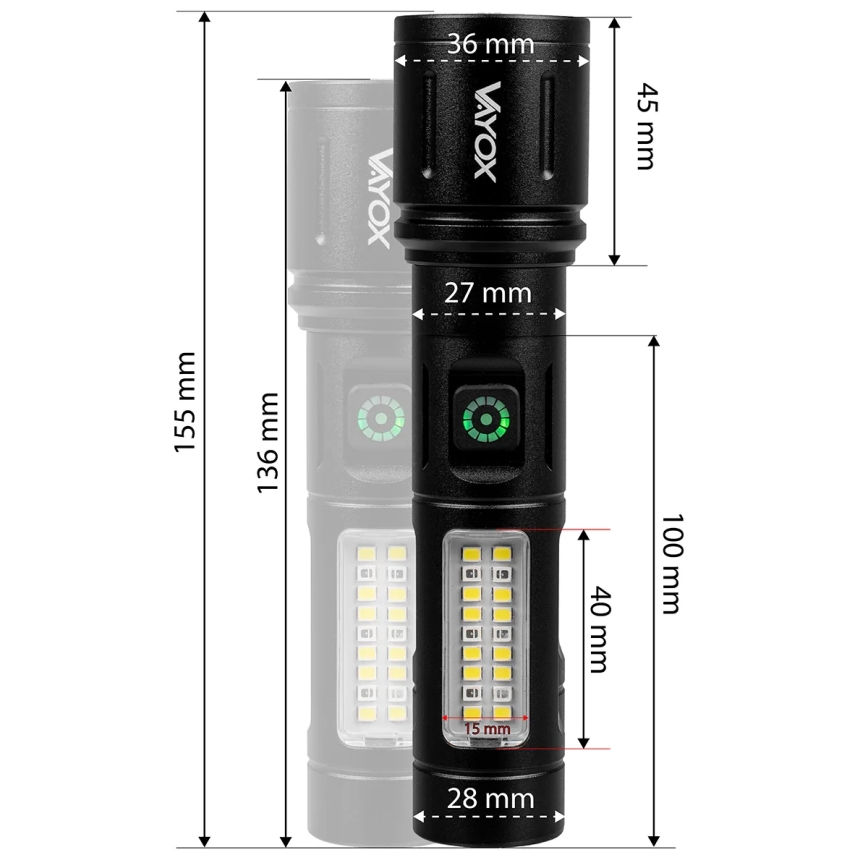 LED Stmievateľná nabíjacia baterka s červeným svetlom LED/5W/5V IPX4 260 lm 2000 mAh