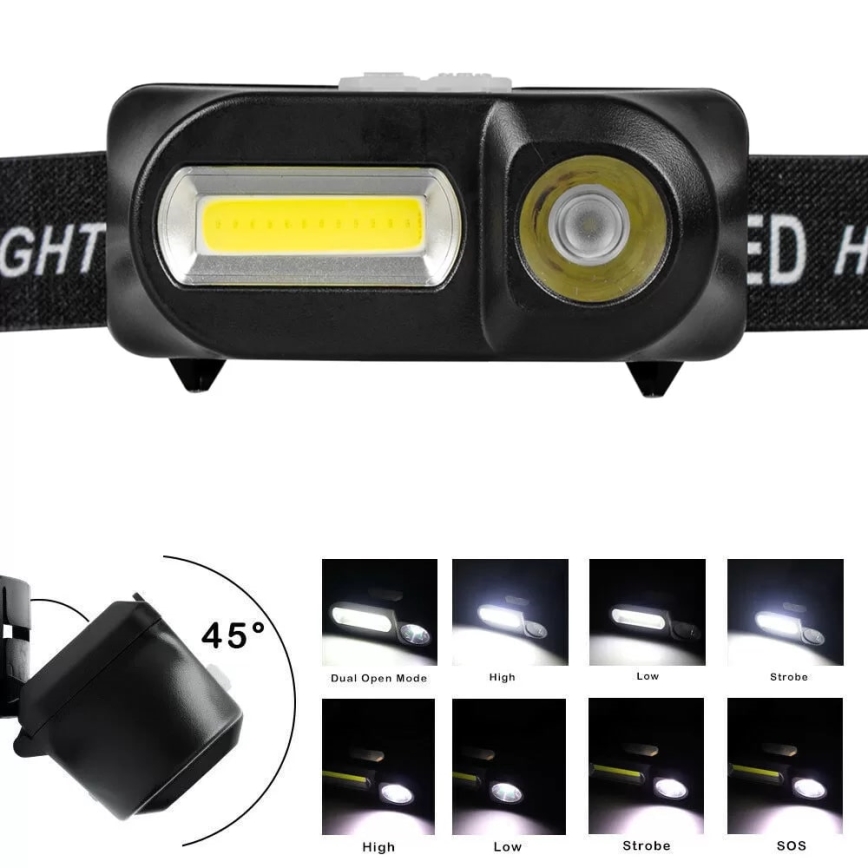 LED Stmievateľná nabíjacia čelovka 2xLED/5V IP44 210 lm 2000 mAh
