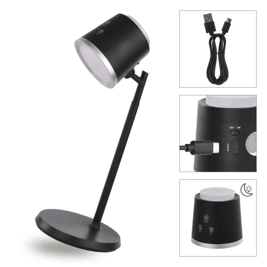 LED Stmievateľná nabíjacia stolná lampa 4v1 LED/6W/3,7V 3000K/4000K/6500K 1500mAh čierna