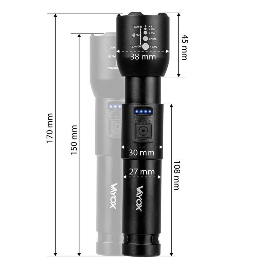 Čierna baterka s rozmermi 170 x 45 x 38 mm, zobrazená s detailnými mierami jednotlivých častí. Baterka má na boku indikátor stavu batérie a tlačidlo. Na prednej strane je vidieť označenie VAYOX.